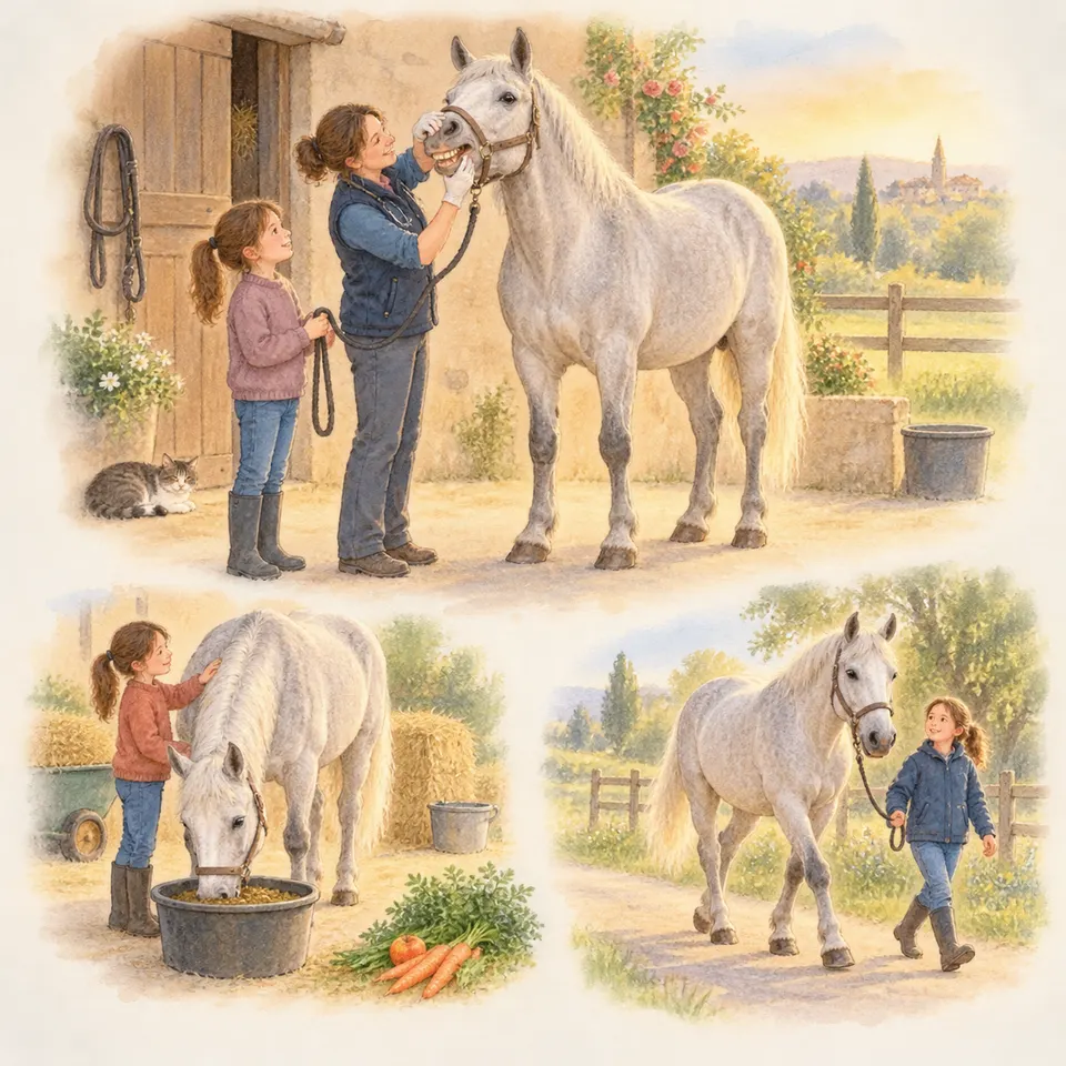 Un cheval gris avec une enfant près de l’écurie, entouré de scènes d’examen des dents, de repas et de marche en longe