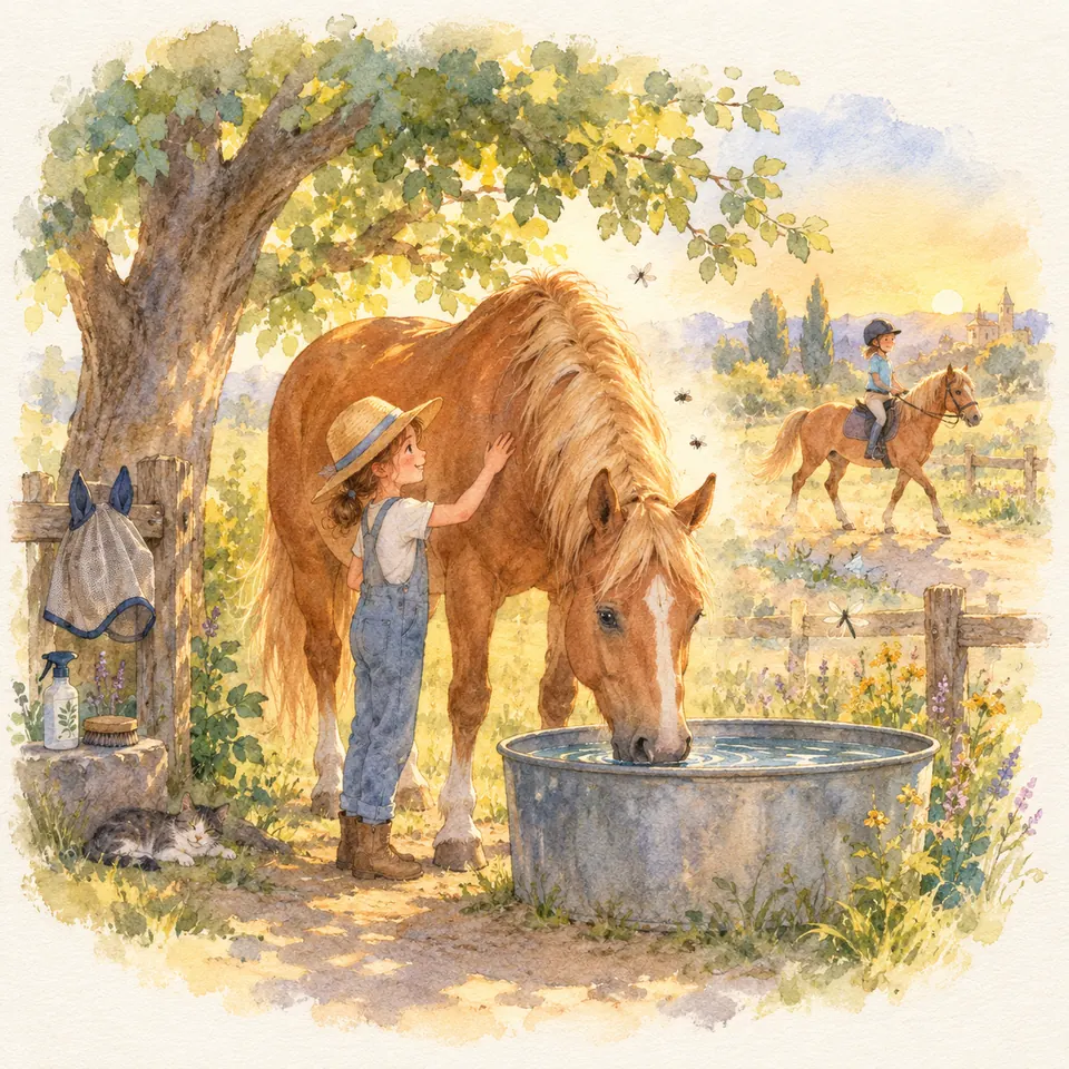Un cheval alezan boit dans un grand bac sous un arbre, tandis qu’une enfant pose la main sur son épaule