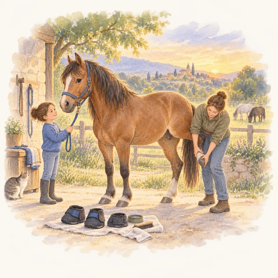 Une enfant tient la longe d’un cheval alezan tandis qu’une femme lui prend un sabot dans une cour, avec deux poneys au pâturage