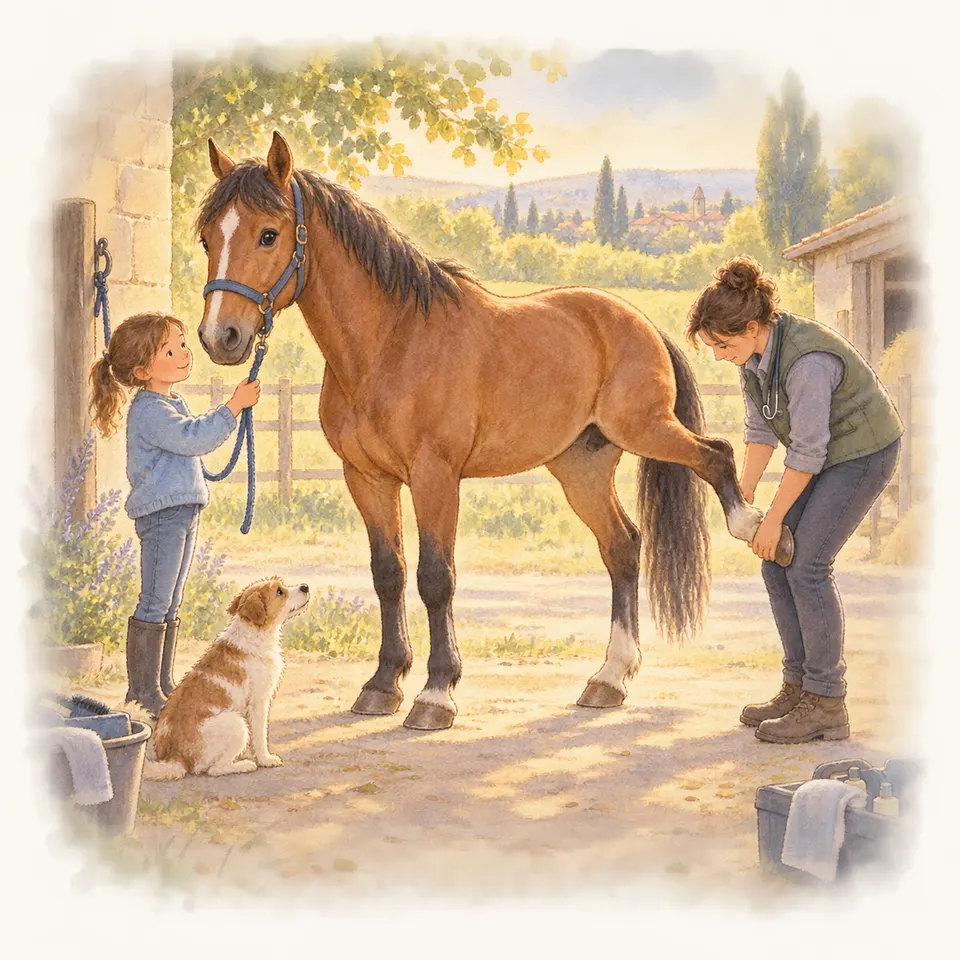Une femme accroupie examine un antérieur d’un cheval alezan tenu en longe par une enfant devant l’écurie