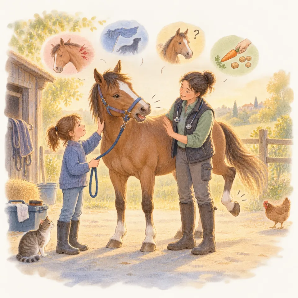 Une enfant tient la longe d’un cheval alezan tandis qu’une vétérinaire l’examine près d’une écurie, avec un chat et une poule