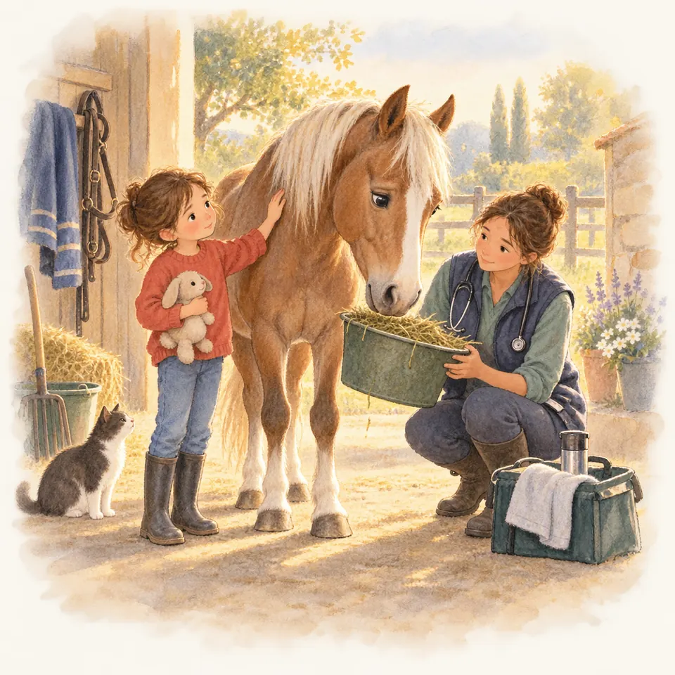 Une vétérinaire présente un seau de foin à un poney palomino devant l’écurie, tandis qu’une enfant lui caresse l’encolure