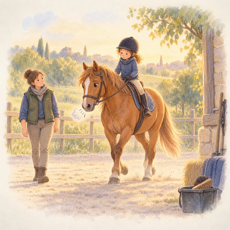 Une enfant casquée monte un poney alezan au pas près de l’écurie, accompagnée d’une femme à pied