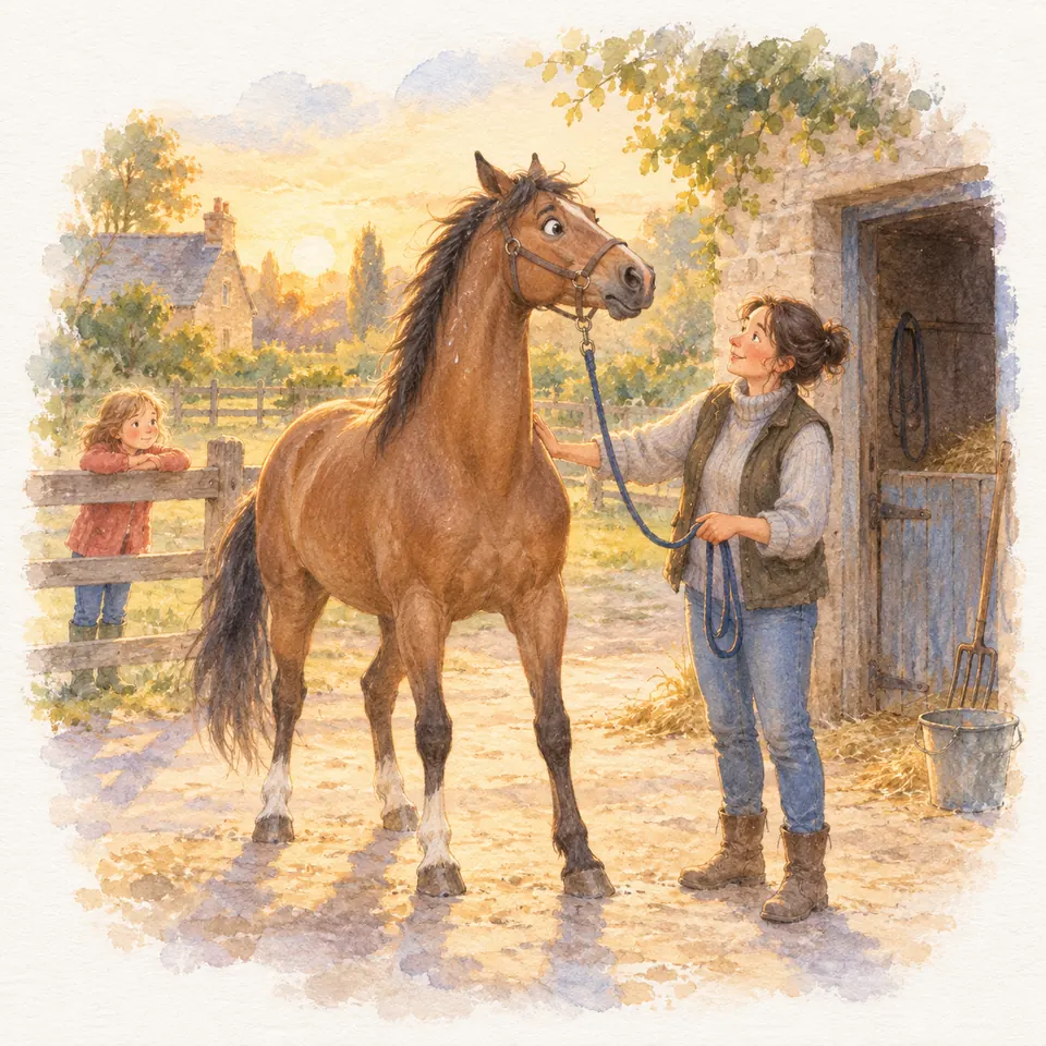 Un cheval bai tient la tête haute, l’œil écarquillé, près d’une femme tenant sa longe devant l’écurie