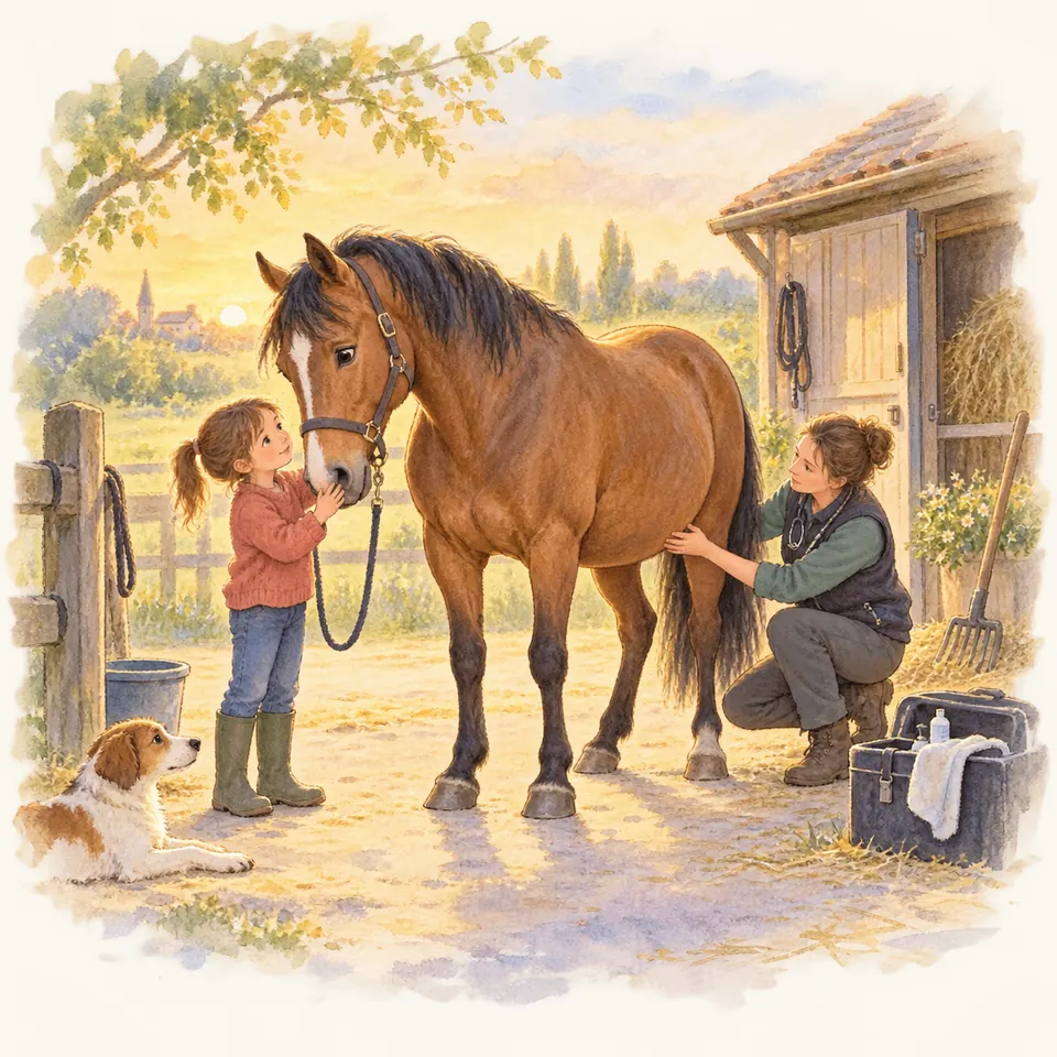Une vétérinaire accroupie pose une main sur le flanc d’un cheval bai, tandis qu’une enfant se tient près de sa tête