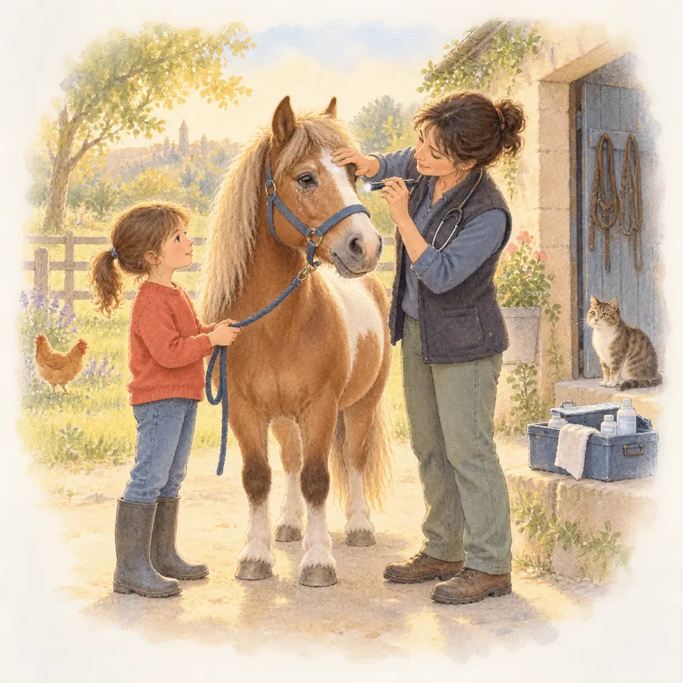 Une enfant tient la longe d’un poney alezan tandis qu’une vétérinaire examine son œil devant une écurie