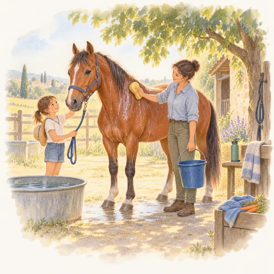 Une enfant passe une éponge sur un cheval alezan tandis qu’une femme lui présente un seau d’eau sous un arbre
