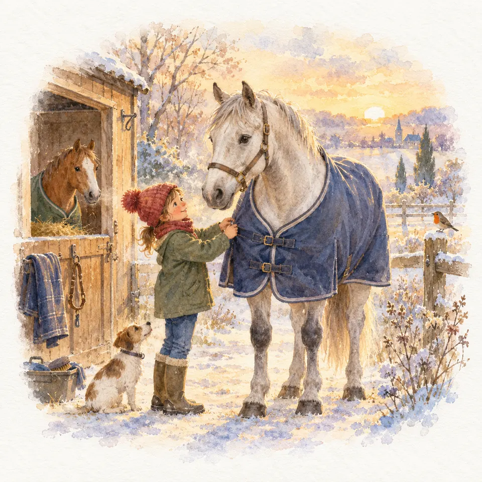Une enfant ajuste une couverture bleue sur un cheval gris devant une écurie, dans une cour enneigée