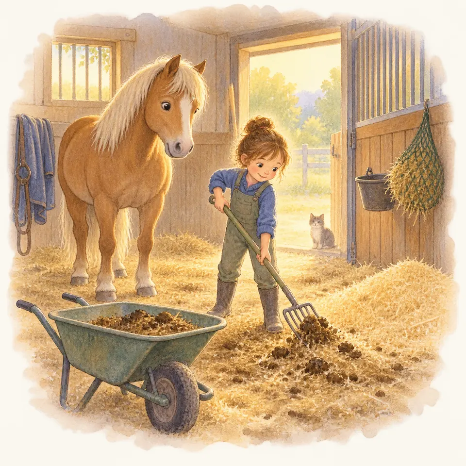 Une jeune fille ramasse le crottin à la fourche dans un box paillé, près d’un poney palomino et d’une brouette