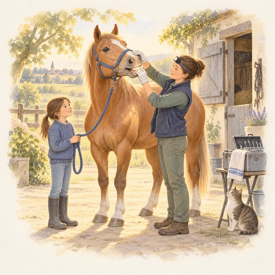 Un cheval alezan porte un licol tandis qu’une fillette tient sa longe et qu’une femme gantée lui examine la bouche près d’une écurie, avec un chat à leurs côtés
