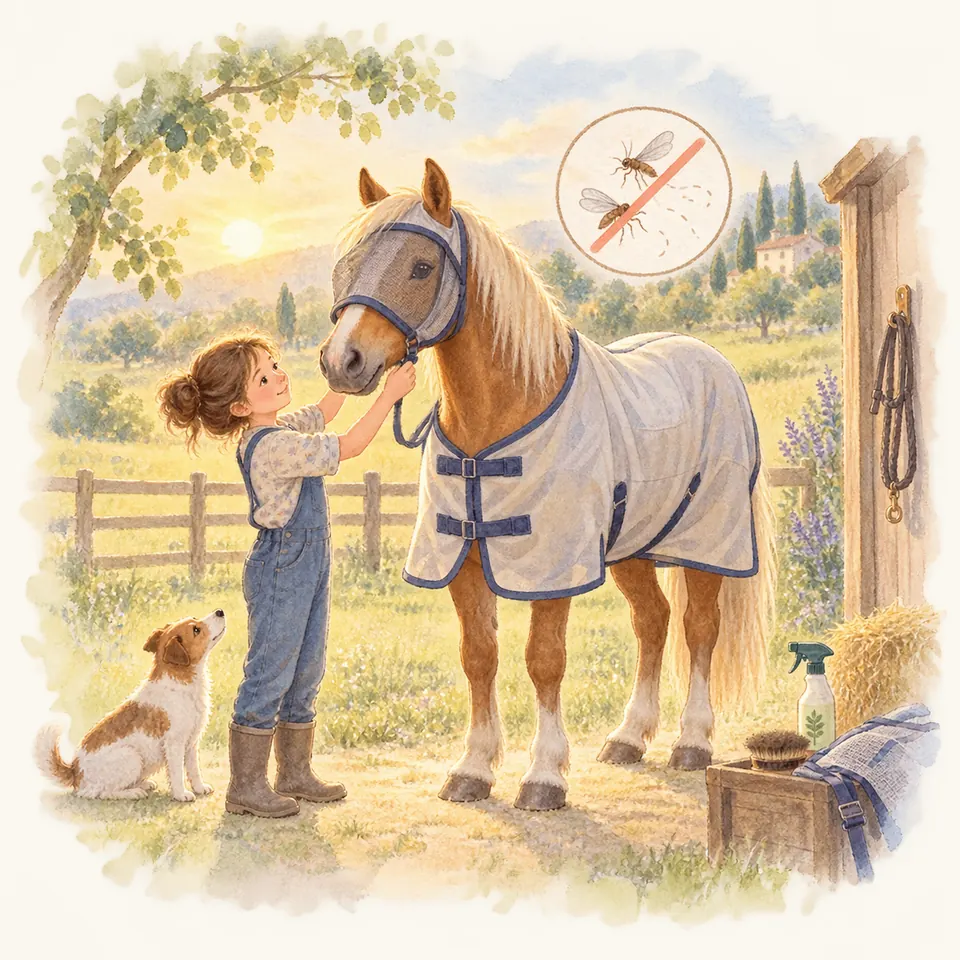 Une enfant ajuste le masque d’un cheval palomino portant une couverture anti-insectes devant l’écurie