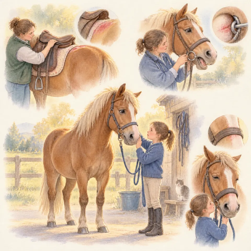 Une jeune fille selle un cheval alezan, ajuste son filet et lui tient la longe dans une cour, avec des détails de sangle, de mors et de tapis de selle