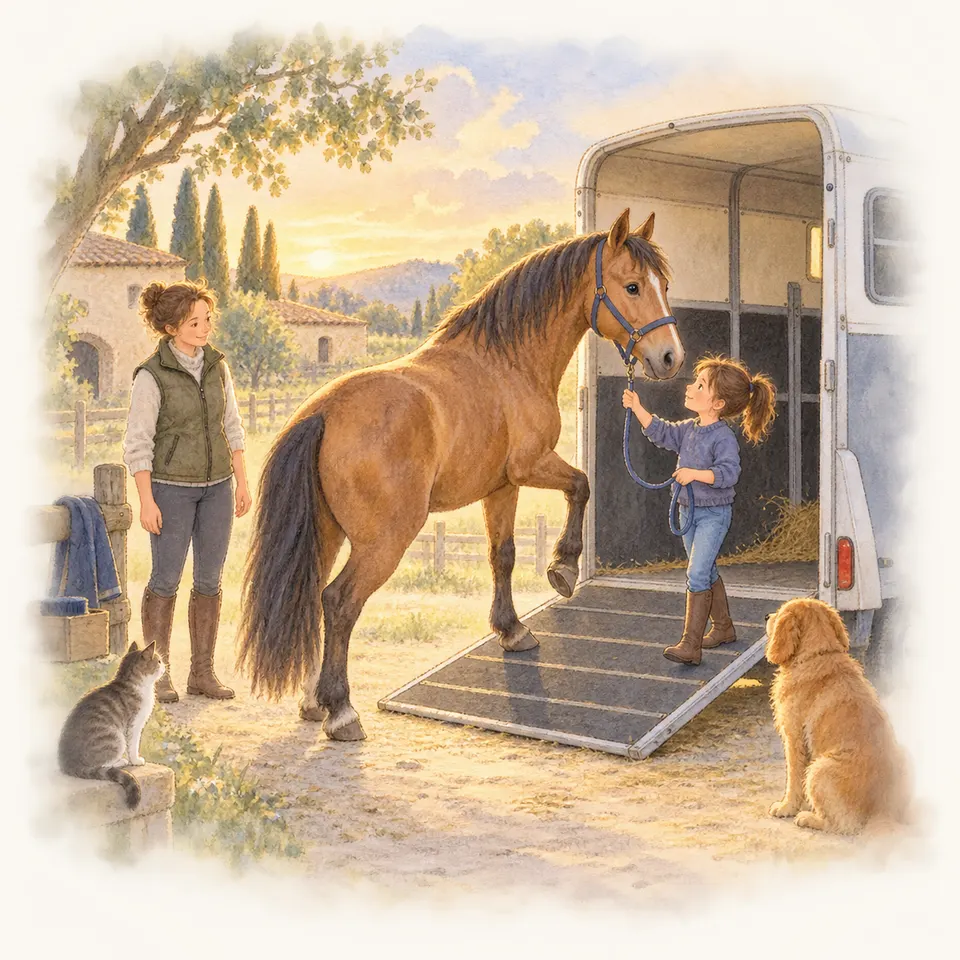 Un cheval bai monte dans un van, guidé par une enfant qui tient la longe, tandis qu’une femme, un chat et un chien l’observent