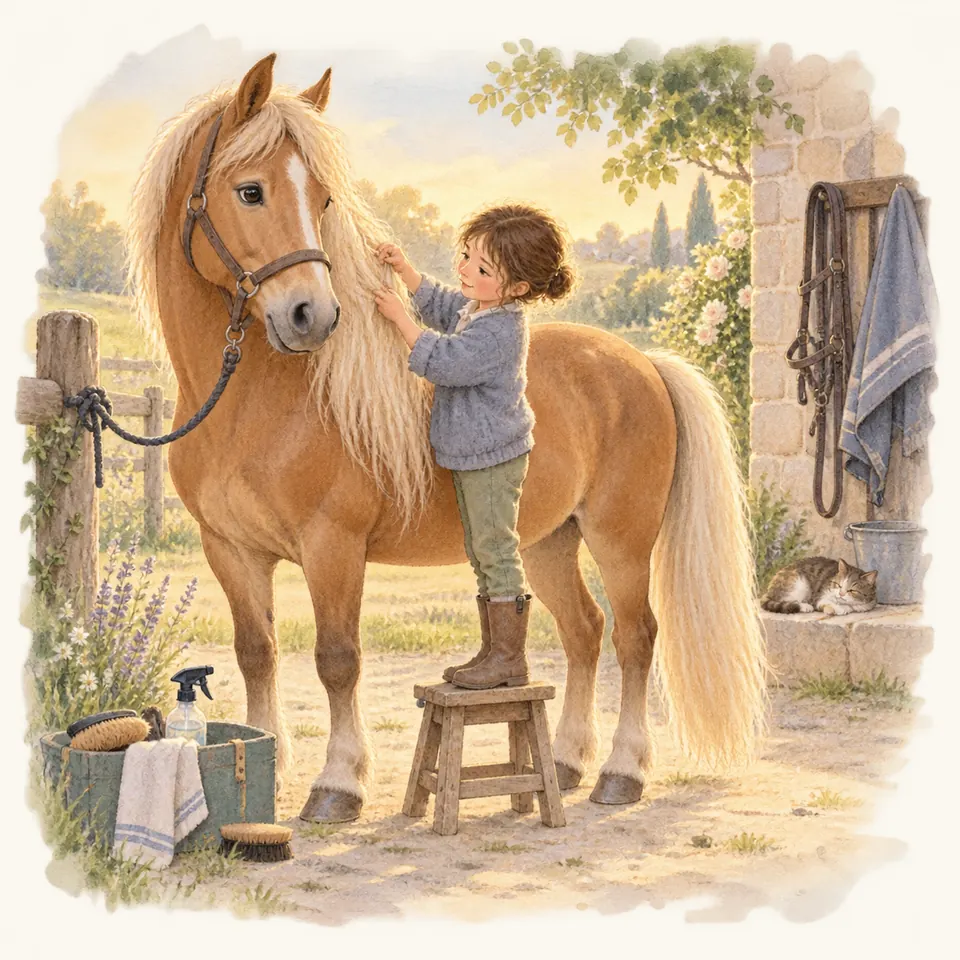 Une enfant debout sur un tabouret démêle la longue crinière d’un poney palomino attaché devant l’écurie