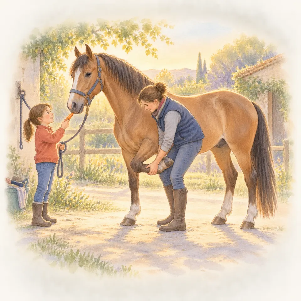 Une enfant tient la longe d’un cheval bai et lui tend une carotte tandis qu’une femme examine son sabot antérieur dans une cour rurale