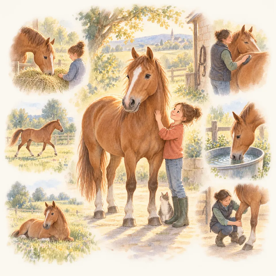 Une enfant caresse un cheval alezan, entouré de scènes où il mange du foin, boit, trotte et se repose au pré