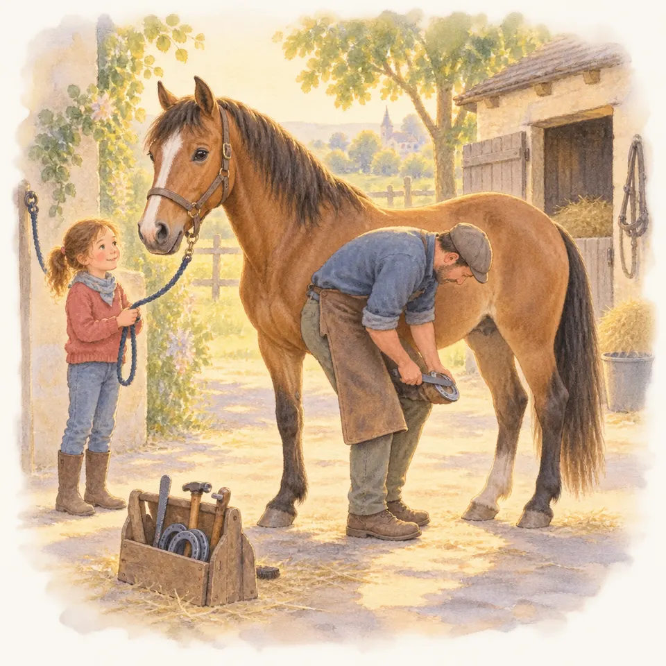 Un maréchal-ferrant ajuste un fer sous le sabot levé d’un cheval bai attaché devant l’écurie, sous le regard d’une enfant