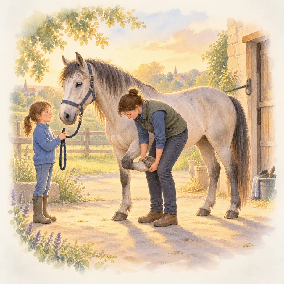 Une vétérinaire ajuste une protection sur un sabot d’un poney palomino tenu en longe par une enfant devant l’écurie