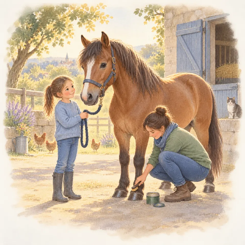 Un cheval bai à large liste blanche porte un licol, tandis qu’une fillette tient sa longe et qu’une adulte lui graisse un sabot devant une écurie, avec des poules et un chat