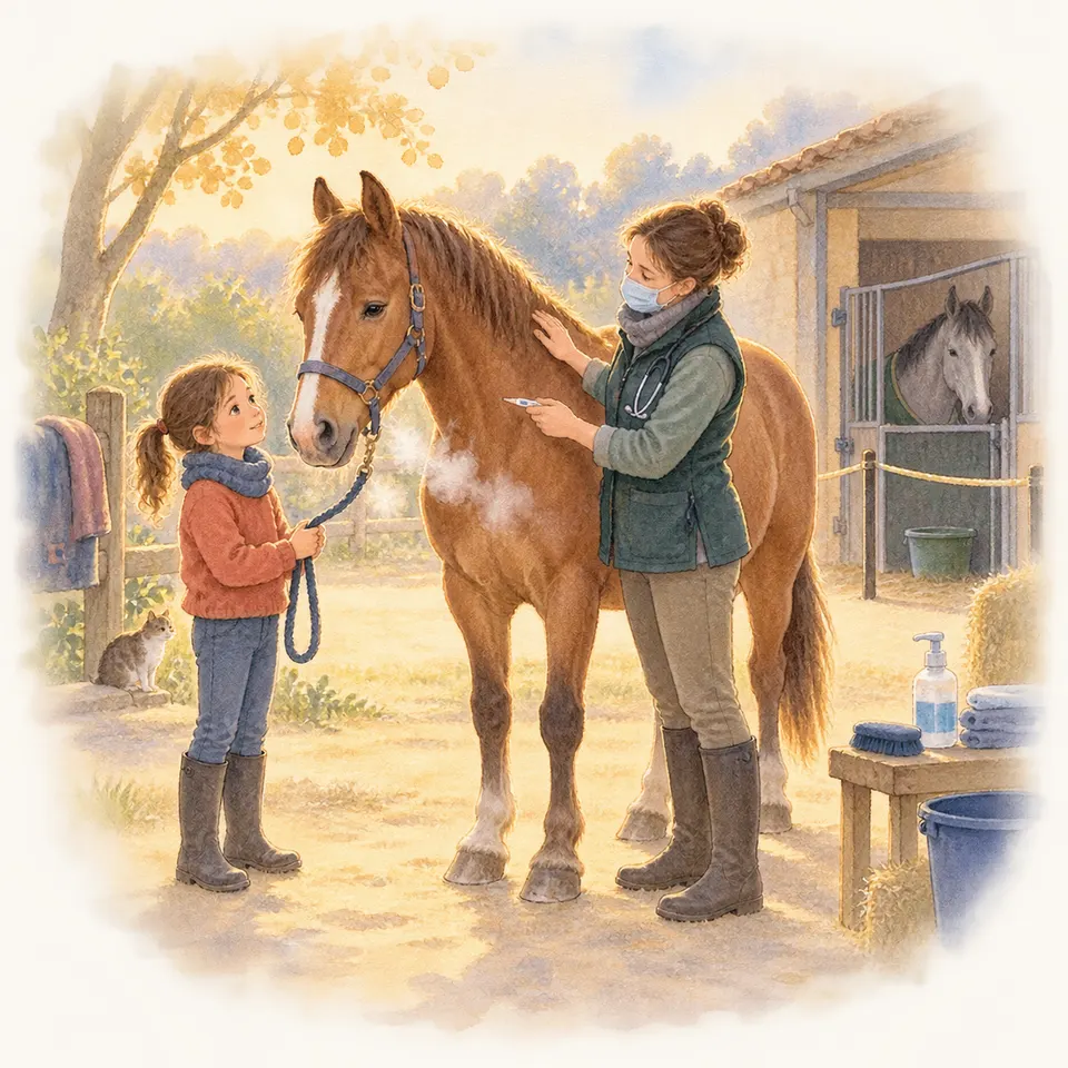 Une vétérinaire examine un cheval alezan à liste blanche tandis qu’une enfant tient sa longe devant une écurie, avec un autre cheval dans un box
