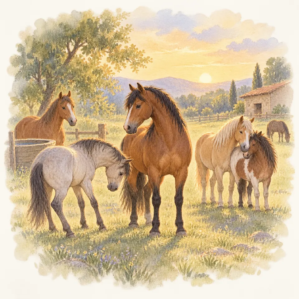 Un cheval bai se tient au milieu de poneys gris, palomino et pie dans un pré clôturé, près d’un abreuvoir