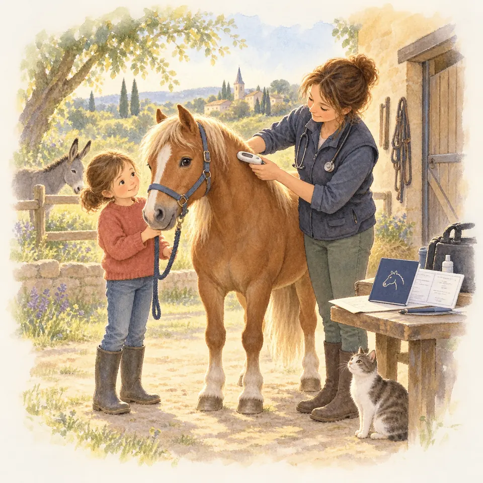 Une vétérinaire passe un lecteur sur l’encolure d’un poney alezan tenu par une enfant, près de documents posés sur une table