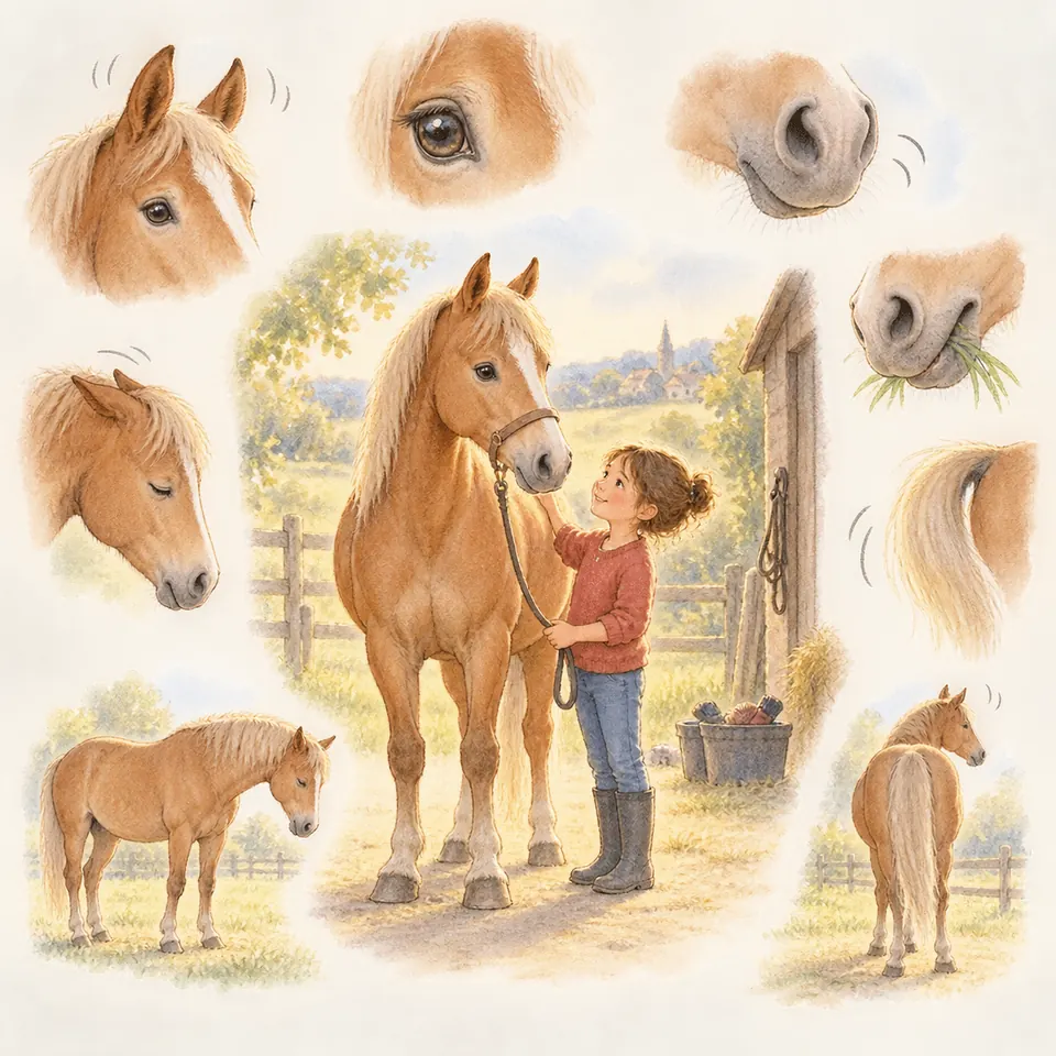 Une enfant tient un poney palomino en licol, entouré de détails de ses oreilles, de son œil, de ses naseaux et de sa queue