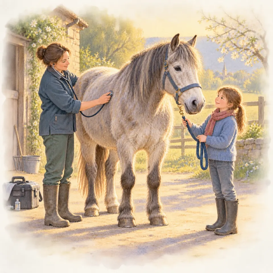 Une vétérinaire examine au stéthoscope un cheval gris, tandis qu’une enfant tient sa longe dans la cour d’une ferme