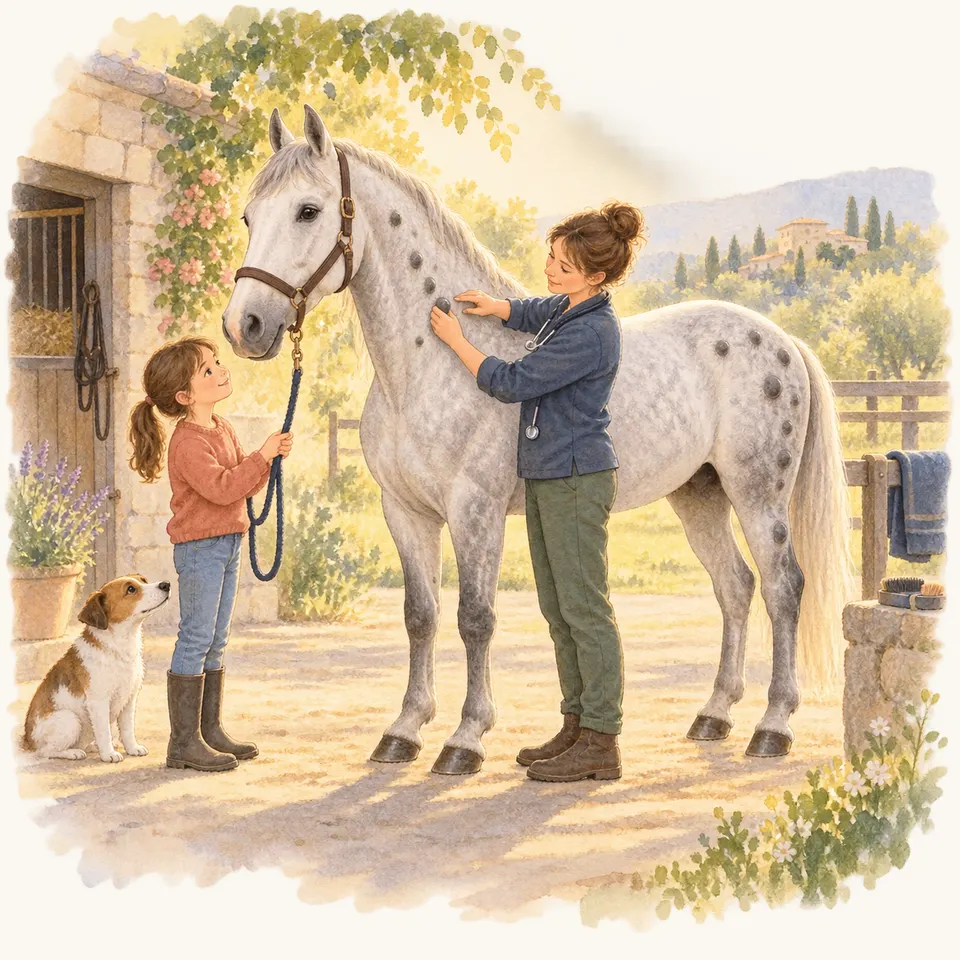 Une vétérinaire examine un cheval gris tacheté tandis qu’une fillette tient sa longe, avec un chien dans la cour d’une écurie