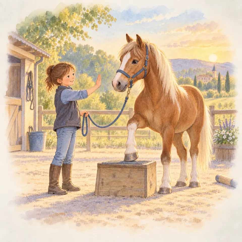 Un enfant tient la longe et tend la main vers un cheval alezan à crinière claire, équipé d’un licol bleu, qui pose un antérieur sur un plot