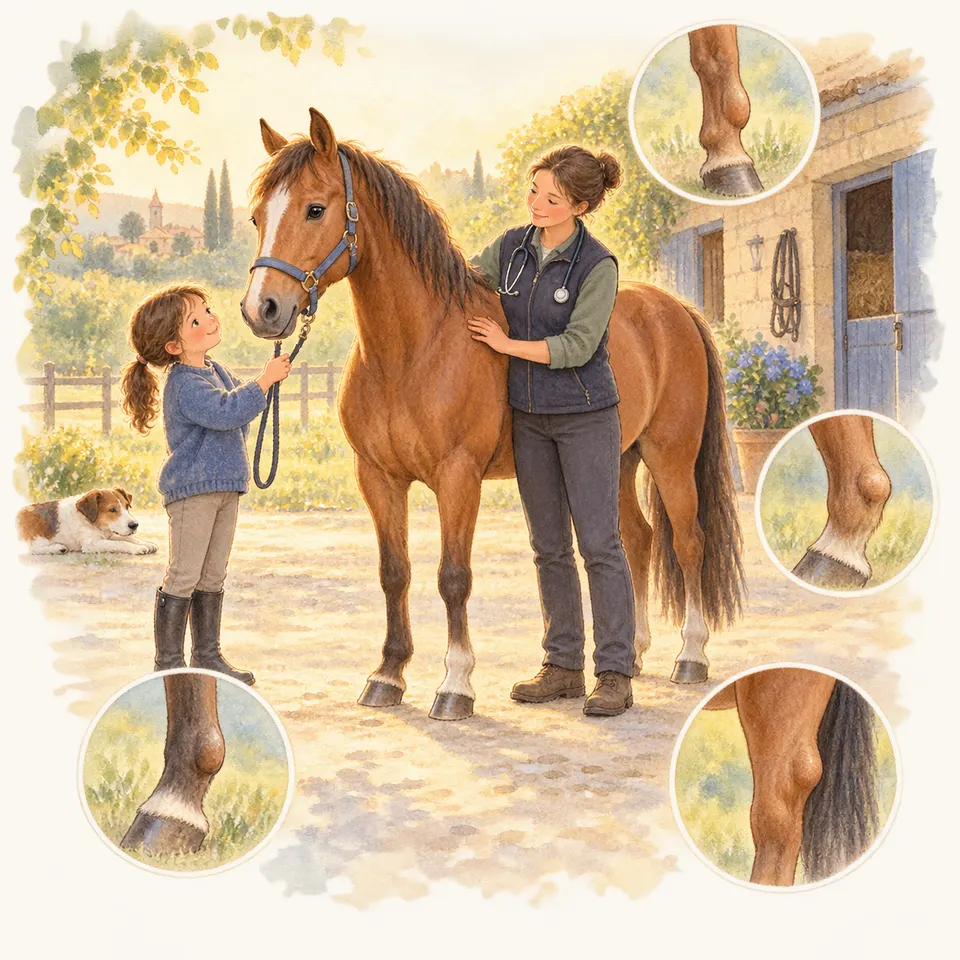 Dans une cour d’écurie, une fillette tient la longe d’un cheval bai tandis qu’une vétérinaire pose un stéthoscope sur son encolure