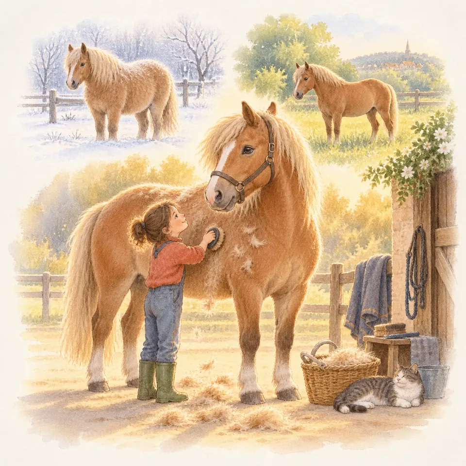 Une enfant brosse un poney alezan aux crins lavés devant l’écurie, avec des touffes de poils au sol