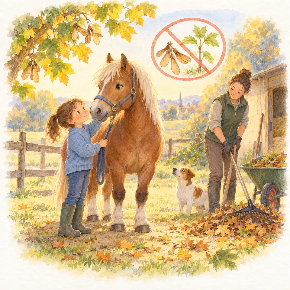 Une enfant tient un poney alezan pendant qu’une femme ratisse les feuilles, près d’un symbole d’érable barré