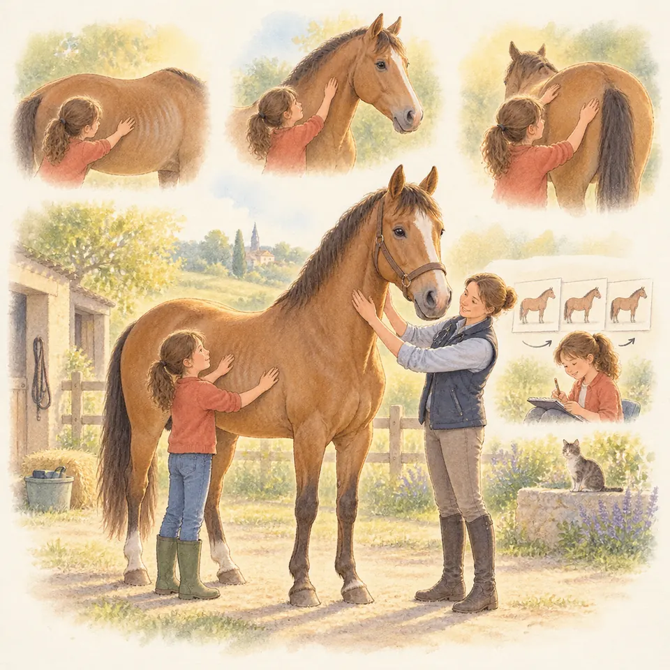 Une enfant et une femme palpent le flanc et l’encolure d’un cheval bai, près de schémas de silhouettes équines