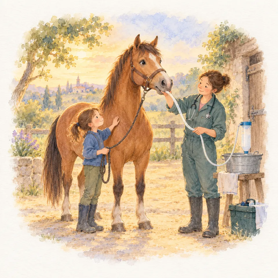 Une vétérinaire tient un long tuyau près du museau d’un cheval bai en licol, accompagné d’une enfant devant l’écurie