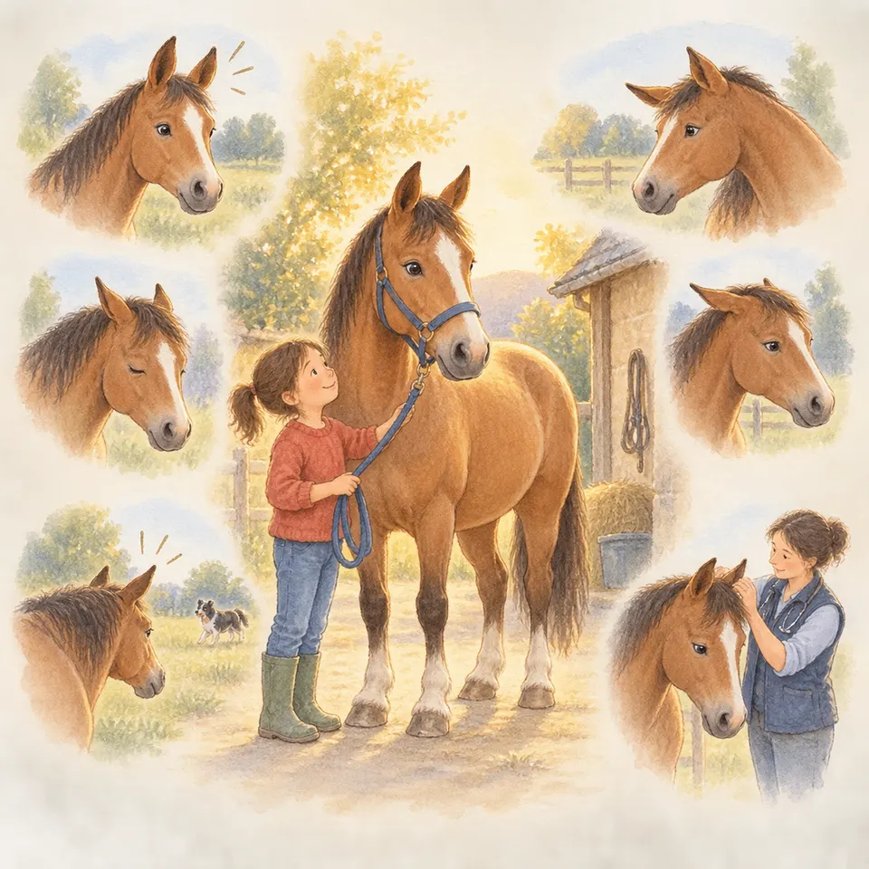 Une fillette tient la longe d’un cheval alezan portant un licol bleu, tandis qu’une vétérinaire examine un autre cheval près d’une écurie