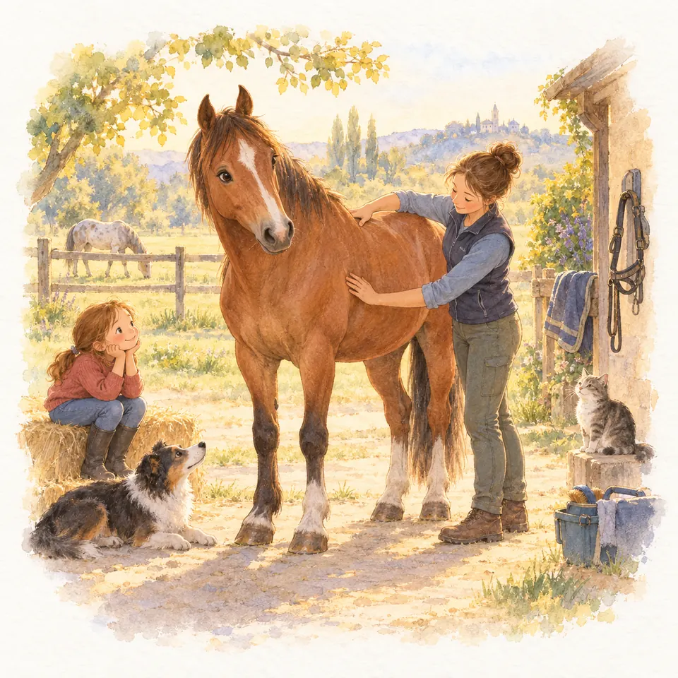 Une praticienne pose les mains sur le dos et le flanc d’un cheval bai devant l’écurie, sous le regard d’une enfant