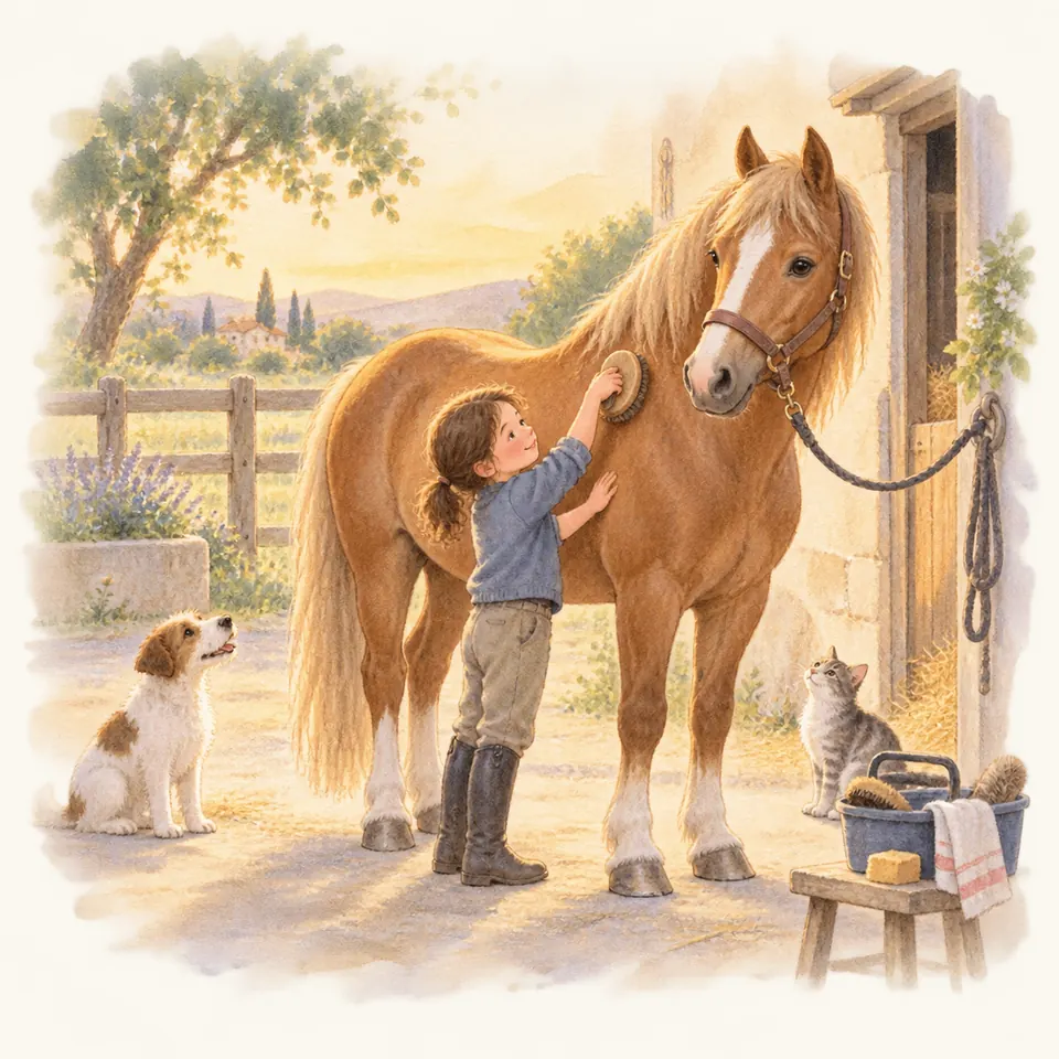Une enfant brosse l’encolure d’un cheval palomino attaché devant l’écurie, près d’une caisse de pansage