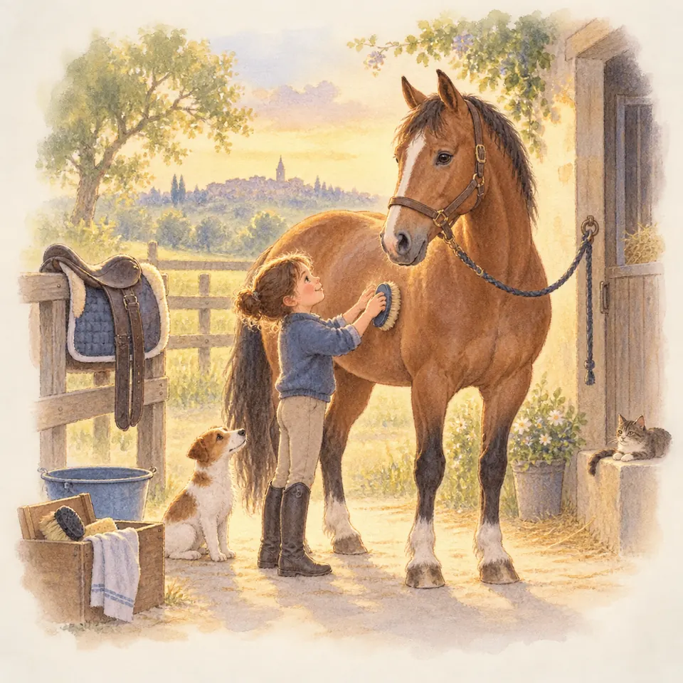 Une enfant brosse le flanc d’un cheval bai attaché devant l’écurie, tandis qu’une selle repose sur la clôture