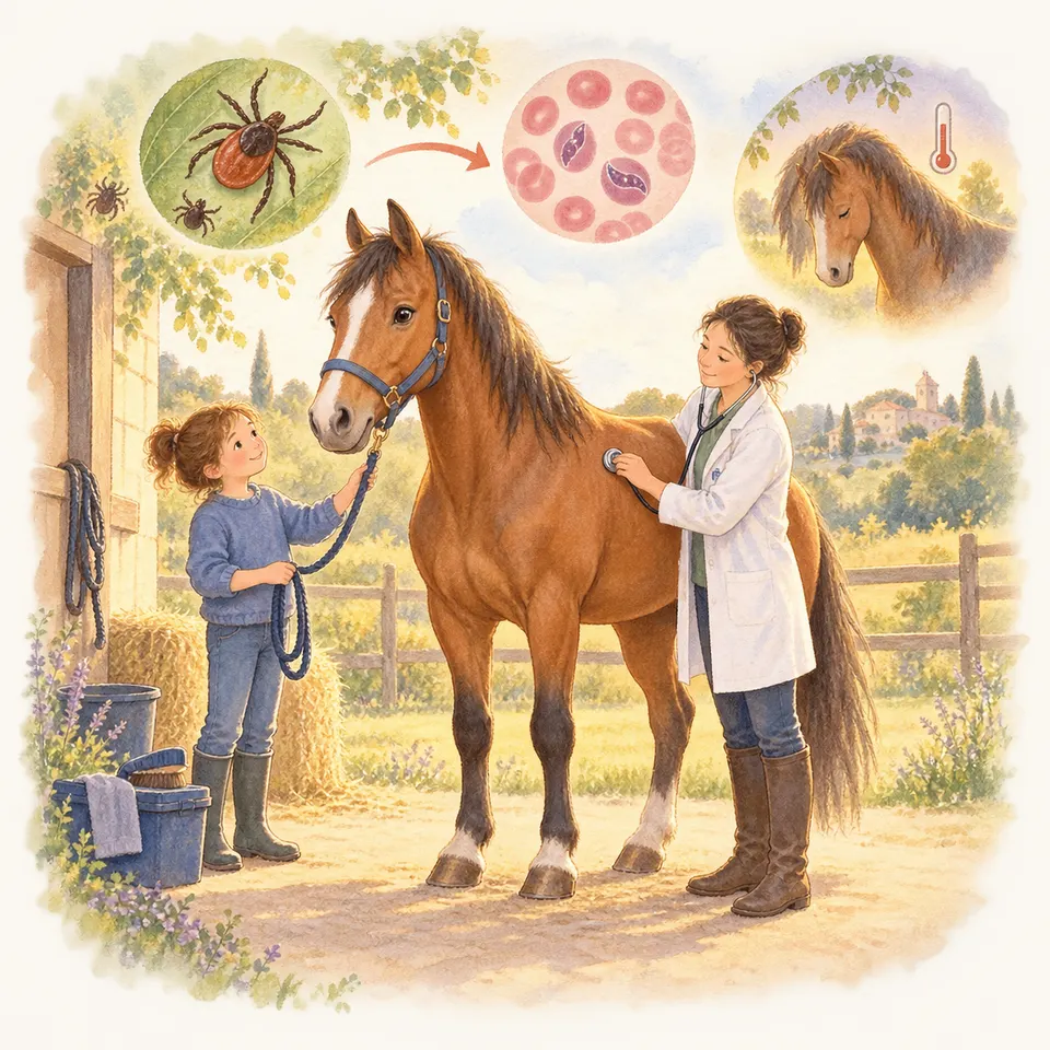 Un cheval bai est tenu en longe par une enfant tandis qu’une vétérinaire l’examine au stéthoscope dans une cour d’écurie