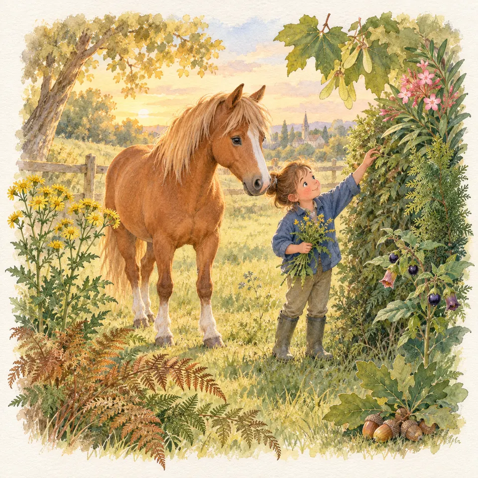 Une enfant cueille des plantes dans une haie au pré, près d’un cheval palomino, de fougères et de fleurs jaunes