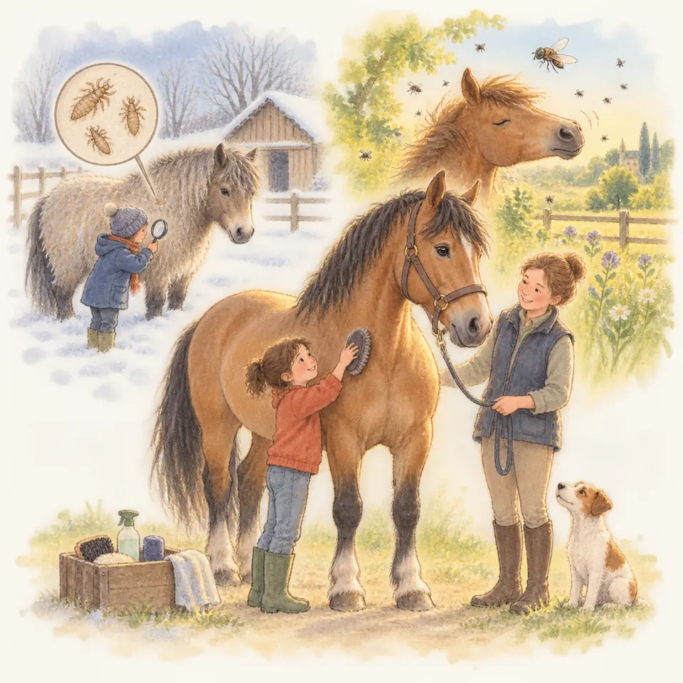 Une enfant brosse un cheval bai tenu par une femme, avec des scènes de poux et de mouches autour d’autres chevaux