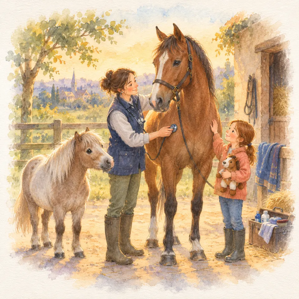 Une vétérinaire ausculte un cheval bai au stéthoscope devant l’écurie, près d’une enfant et d’un poney gris