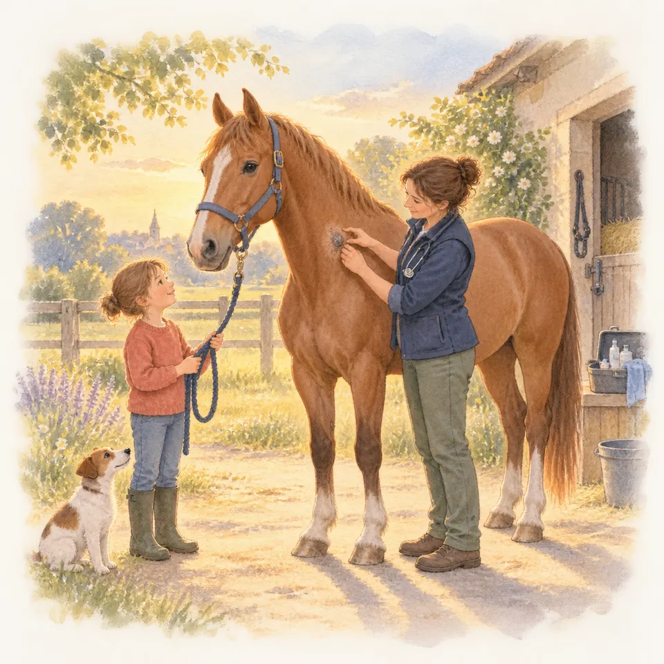 Une fillette tient la longe d’un cheval alezan tandis qu’une vétérinaire l’examine près d’une écurie, sous le regard d’un chien