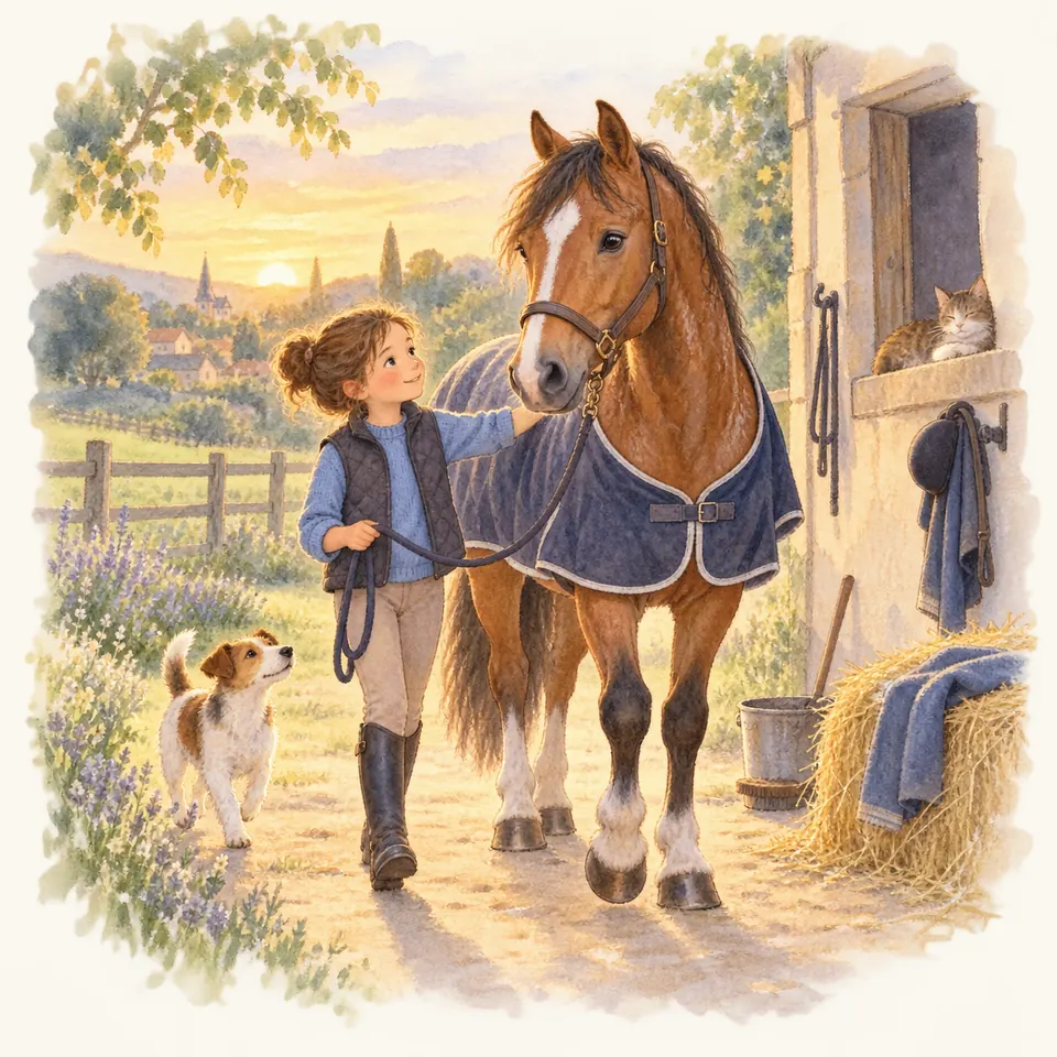 Une cavalière mène en longe un cheval bai portant une couverture bleue sur le chemin devant l’écurie