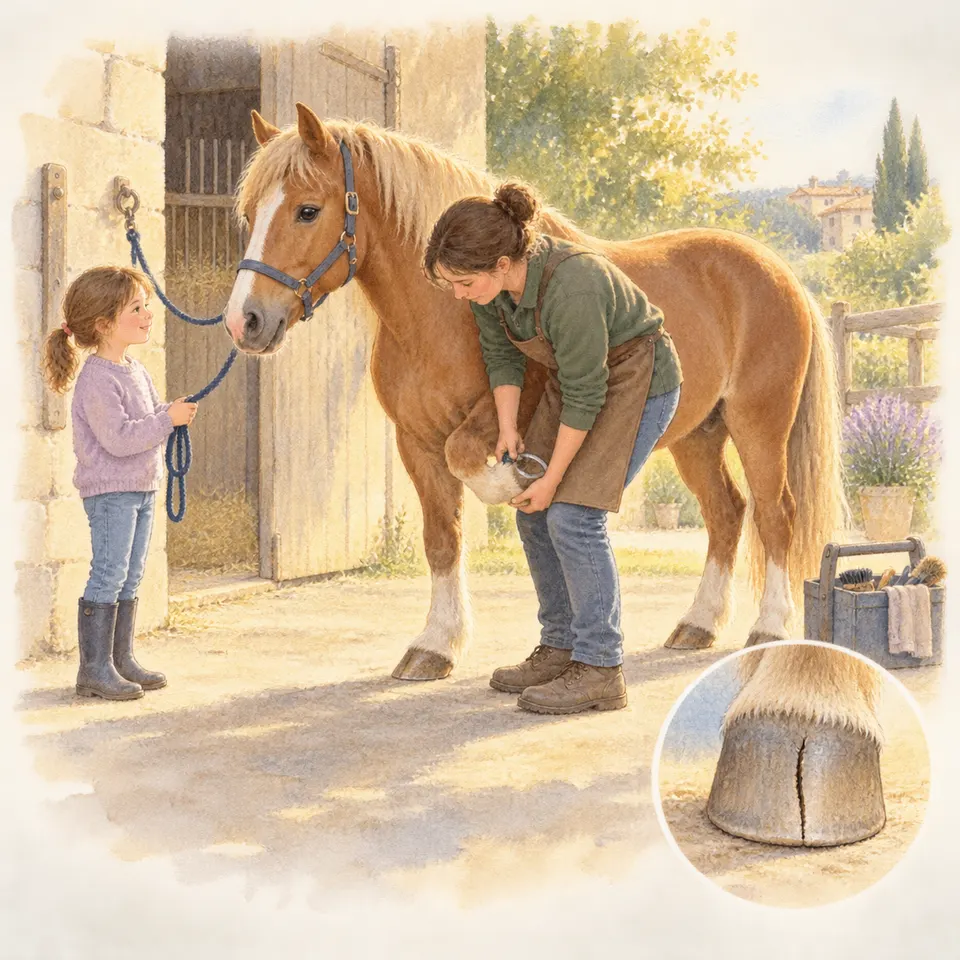 Une vétérinaire tient un antérieur levé et examine une fissure du sabot d’un poney palomino tenu par une enfant