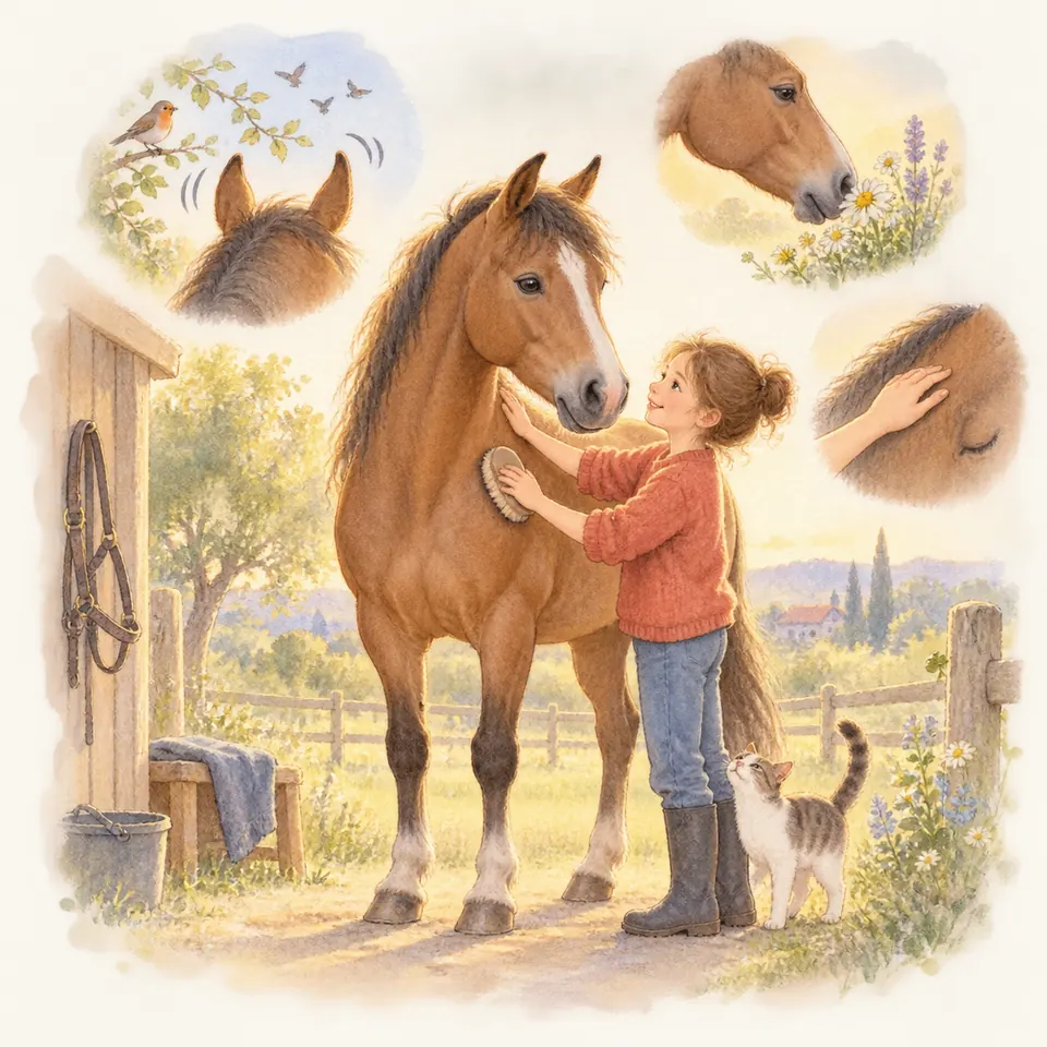 Une enfant brosse un cheval bai devant l’écurie, avec des scènes montrant ses oreilles, ses naseaux et une caresse