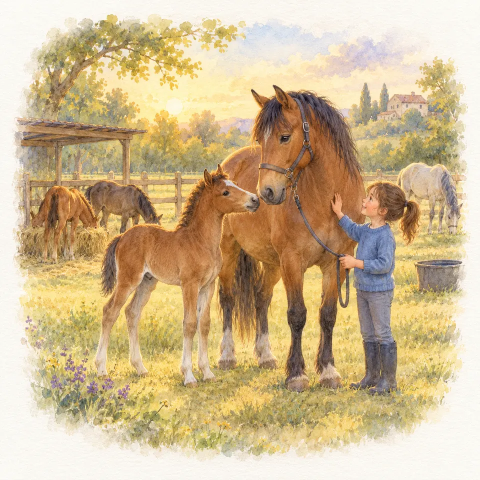 Une enfant accroupie tend la main à un poulain alezan près d’un seau, avec un cheval bai à ses côtés dans le pré