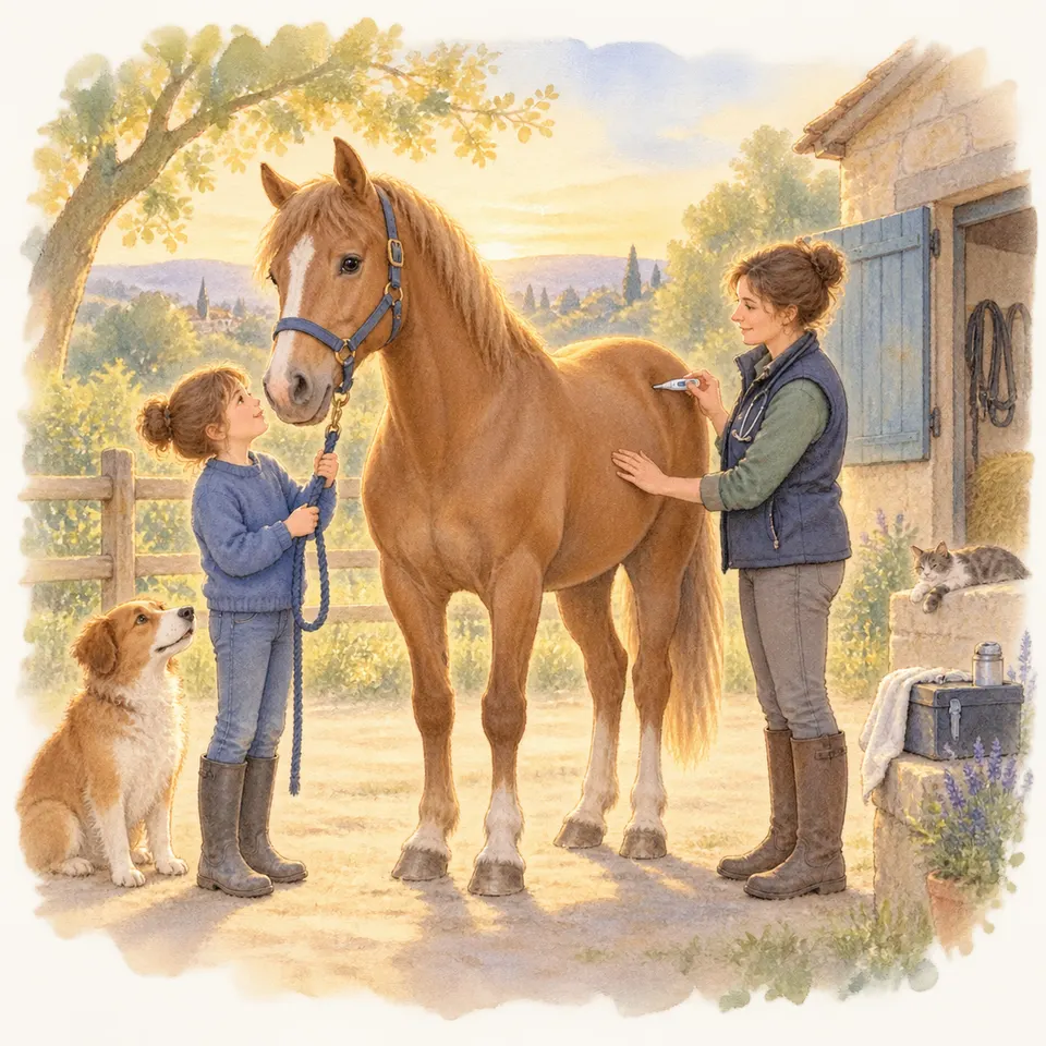 Un cheval alezan est tenu à la longe par une enfant tandis qu’une vétérinaire examine son flanc, avec un chien et un chat dans la cour