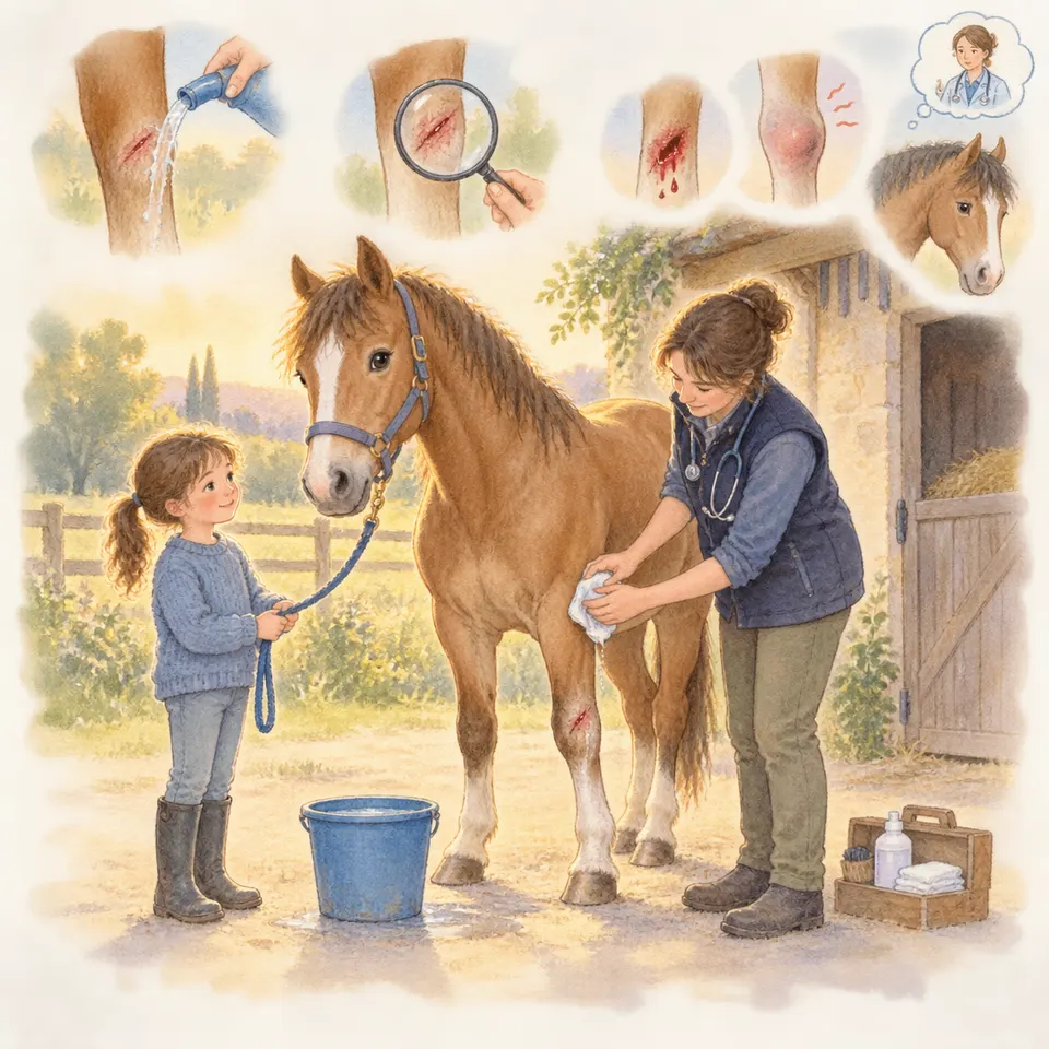 Une enfant nettoie l’antérieur d’un poney palomino avec une compresse, près d’une vétérinaire accroupie devant l’écurie